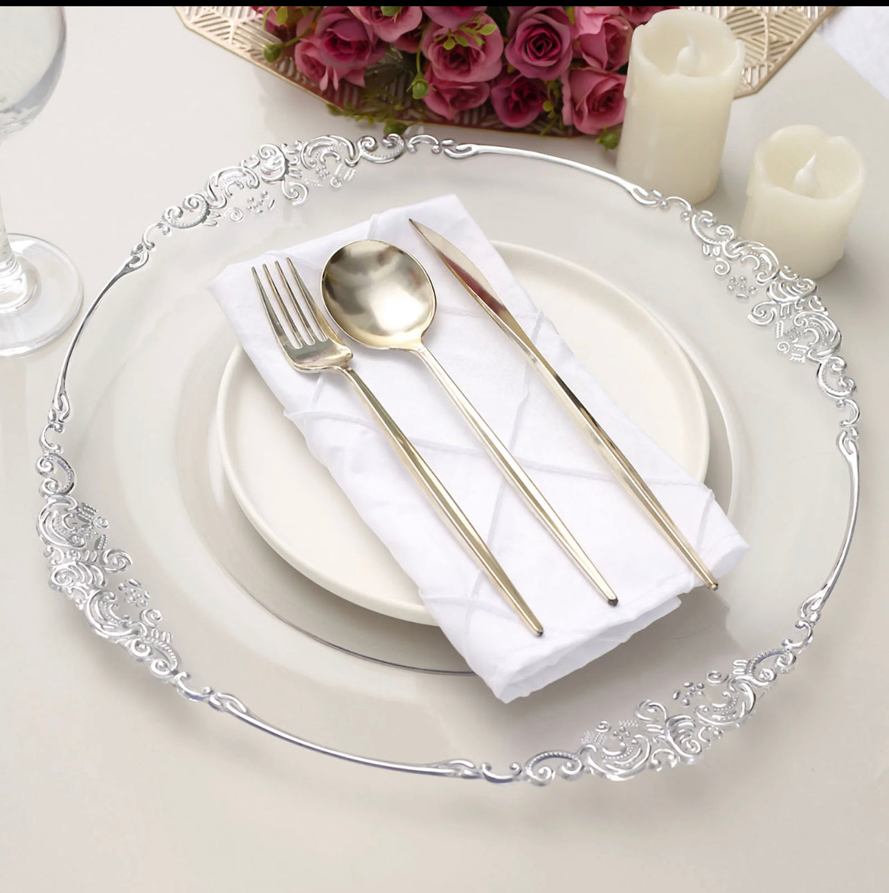Clear Silver Embossed Charger Plates