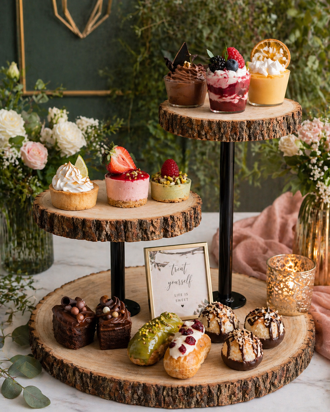 3 Tier Staggered Natural Wood Slice Dessert Stand