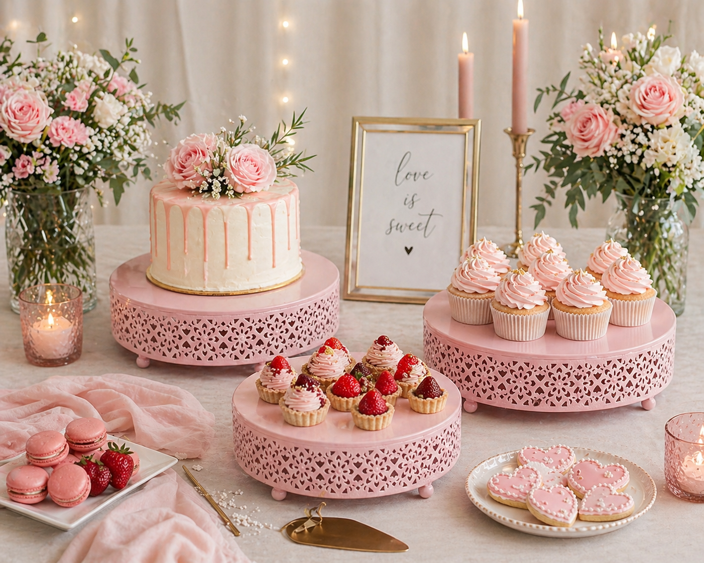 3 Piece Pink Metal Cake Stand Set